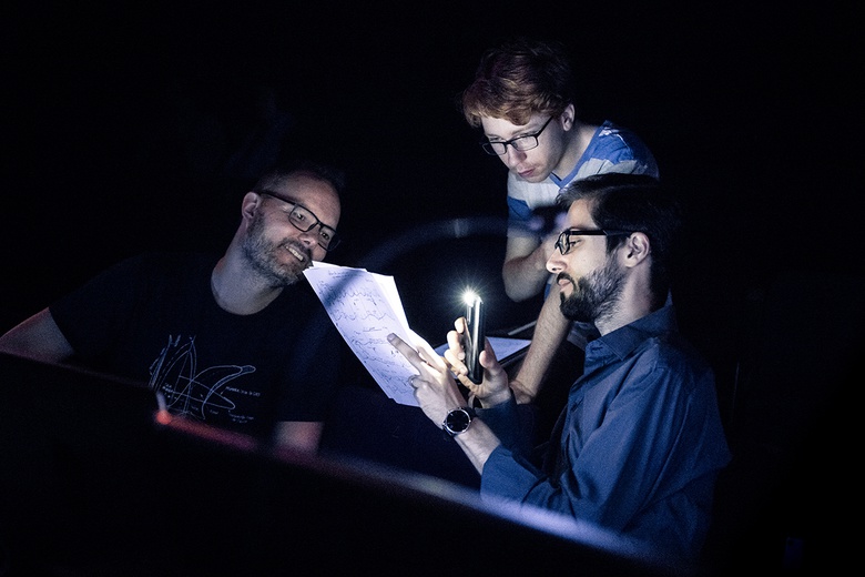 Jean Lochard, réalisateur en informatique musicale avec Cameron Crozman, violoncelliste et Maurizio Azzan, compositeur du Cursus  © Quentin Chevrier, 2018
